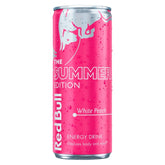 A 250ml can of Red Bull - White Peach Energy Drink features a pink design with condensation droplets and delivers a natural lift to keep you refreshed.